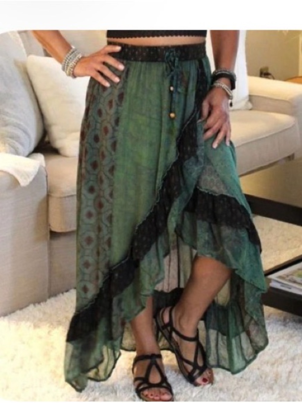 Green Wrap Maxi Skirt with Ruffle Trim